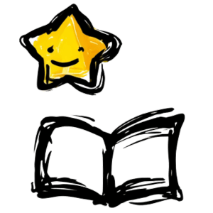Eine lächelnde, gelbe Sterngrafik schwebt über einem offenen Buch. Der Stern symbolisiert Freude am Lernen und Kreativität für Kinder.