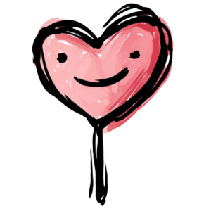 Ein liebevoll gestalteter, lächelnder Herz-Lolli mit einem rosa Herzen und einem schwarzen Stiel. Dies symbolisiert Freude und Zuneigung, passend für den Förderverein der Kita Landwehr.
