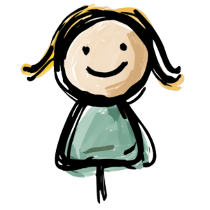 Eine gezeichnete Figur eines Mädchens mit braunen Haaren und einem lächelnden Gesicht in einem grünen Kleid. Diese Darstellung könnte die Kinder in der Kita Landwehr symbolisieren.
