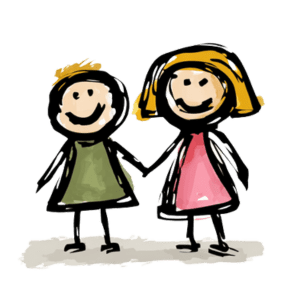 Zwei fröhliche Strichmännchen halten sich an den Händen, was Gemeinschaft und Freundschaft symbolisiert.