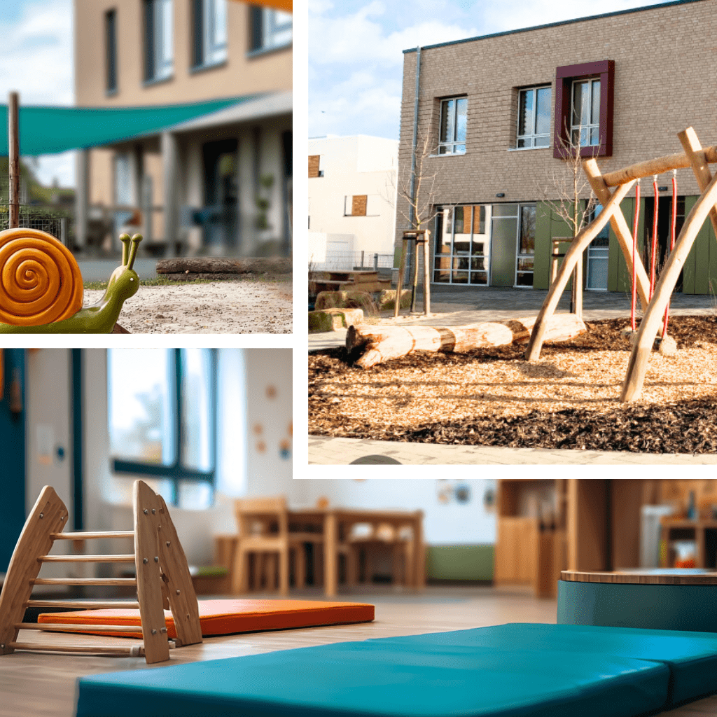 Bereich der Kindertagesstätte Landwehr in Osnabrück mit einem bunten Schnecken-Tretspiel und einer naturverbundenen Spielstraße. Das Spielgerät fördert die Motorik und die Kreativität der Kinder.