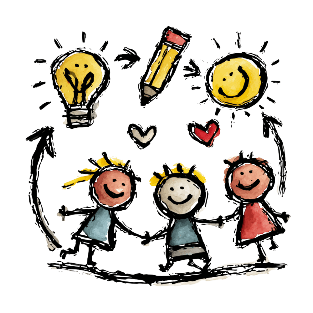 Drei fröhliche Kinder mit unterschiedlichen Haarfarben halten sich an den Händen; Symbole für Kreativität und Freude umgeben sie.